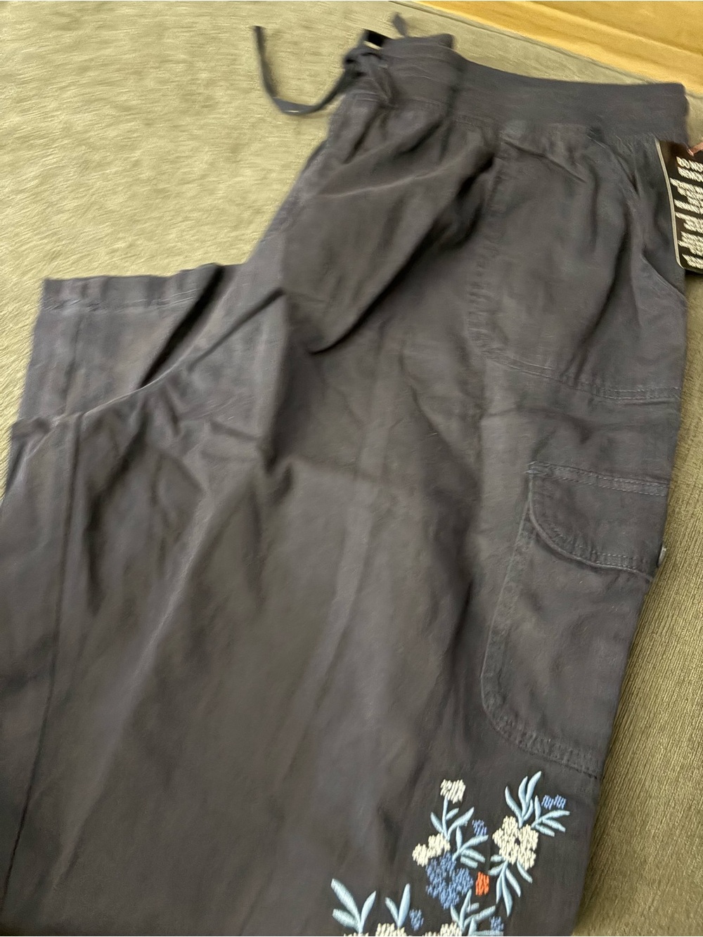 Woman Within Navy Cargo Pants with Floral Embroidery